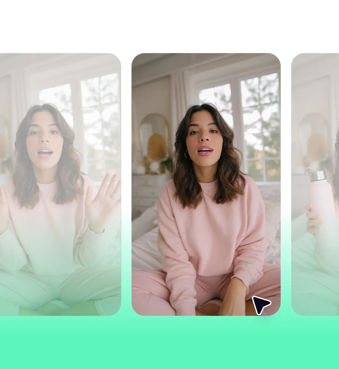 Woman in a pink sweatshirt sitting on a bed speaking to camera in a bright bedroom, creating a short-form social media video with natural lighting and a relaxed, authentic setup.