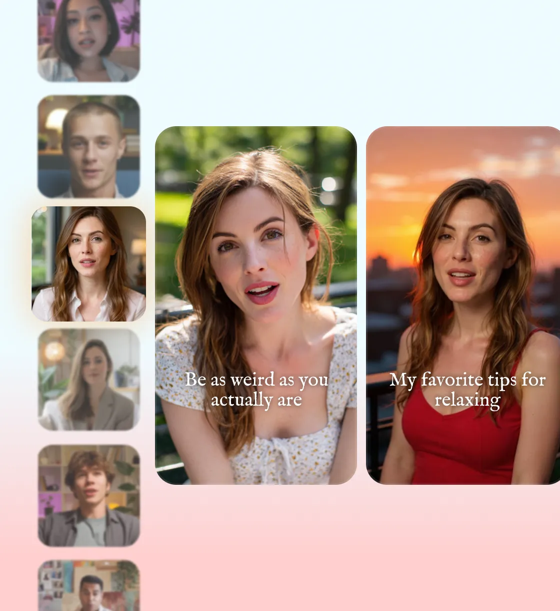 Two different avatars of the same person in different clothing and backgrounds sitting side by side. A reel of other avatar options sits vertically to the left.