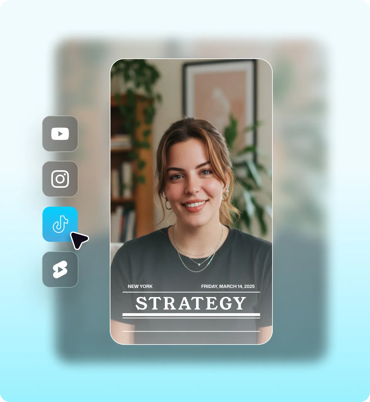 Social media strategy mockup showing a smiling woman on a phone screen surrounded by YouTube, Instagram, TikTok, and Spotify icons, illustrating how short-form video drives reach across multiple platforms.